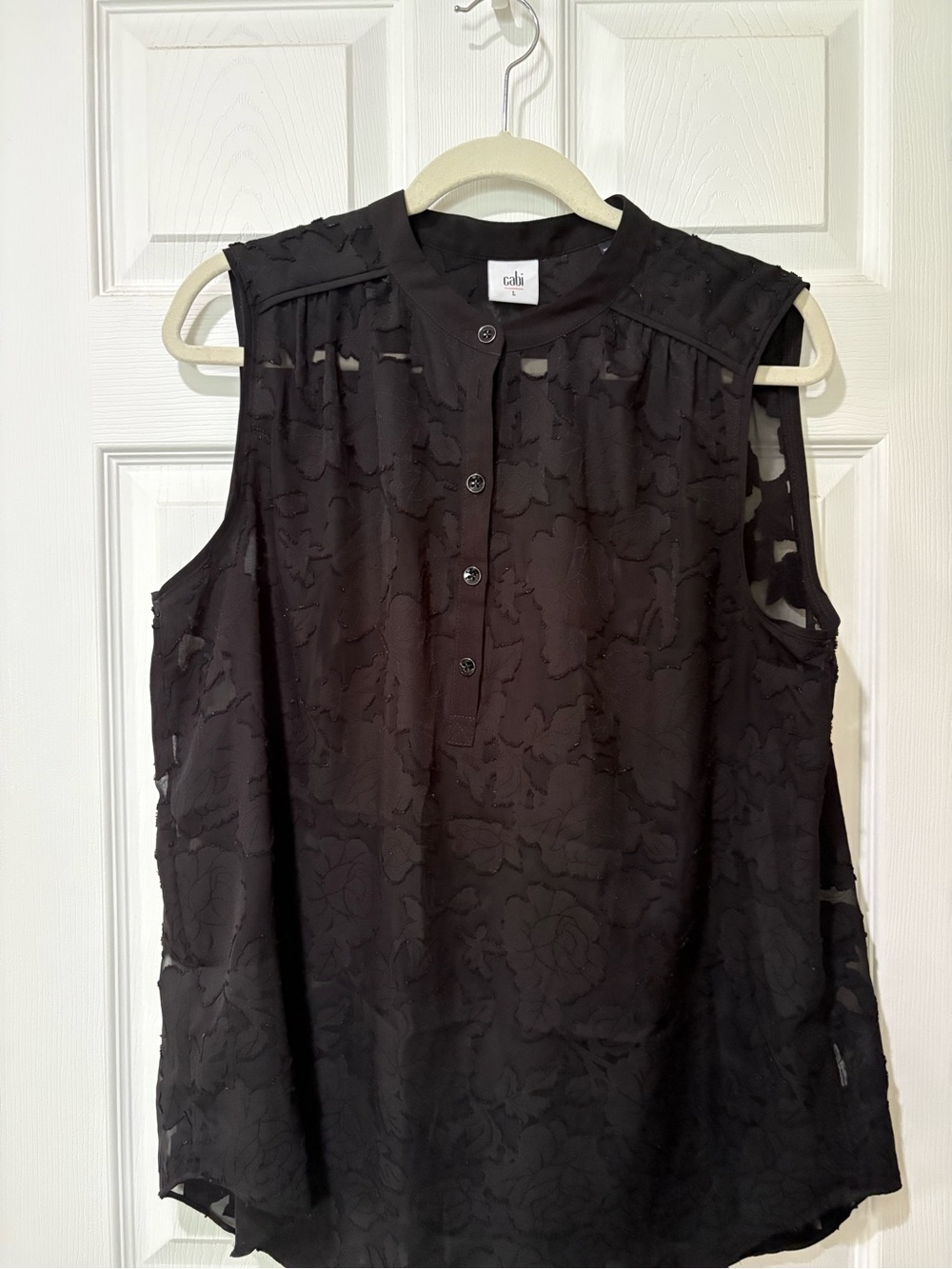 CAbi Black Sleeveless Floral Burnout Henley Camisole